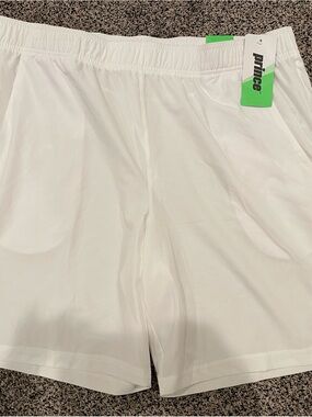 Prince Men's White Athletic Shorts with Green Logo Tag